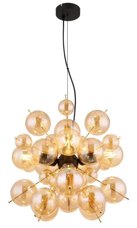 Udo Ø50 Ambre suspension De Globo Lighting - Lampans sk&auml;rm best&aring;r av vackra glasklot i en varm b&auml;rnstensf&auml;rg, vilket skapar en mjuk och inbjudande ljusst&auml;mning med ett bl&auml;ndfritt, harmoniskt sken.