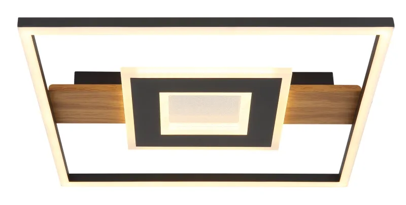 Pikara 38cm Bois plafonnier De Globo Lighting - Lampan &auml;r tillverkad i en stilfull kombination av metall i tr&auml;look och en mattsvart finish, vilket ger den en modern men samtidigt naturlig k&auml;nsla.