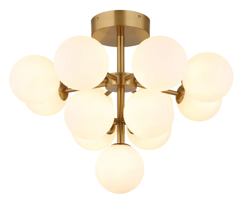 Grappy Ø56 Or plafonnier De Globo Lighting - Grappy plafond i guldf&auml;rgad metall blir en stilfull och lyxig detalj i varje rum med sin glamor&ouml;sa design och de 13st opalf&auml;rgade glaskulorna.