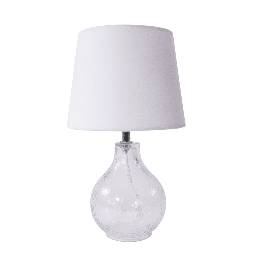 Julia 30cm Blanc lampe de table De Pixie Design - La lampe de table Julia combine une élégante base en verre avec un abat-jour en textile, créant une solution d'éclairage moderne et élégante.