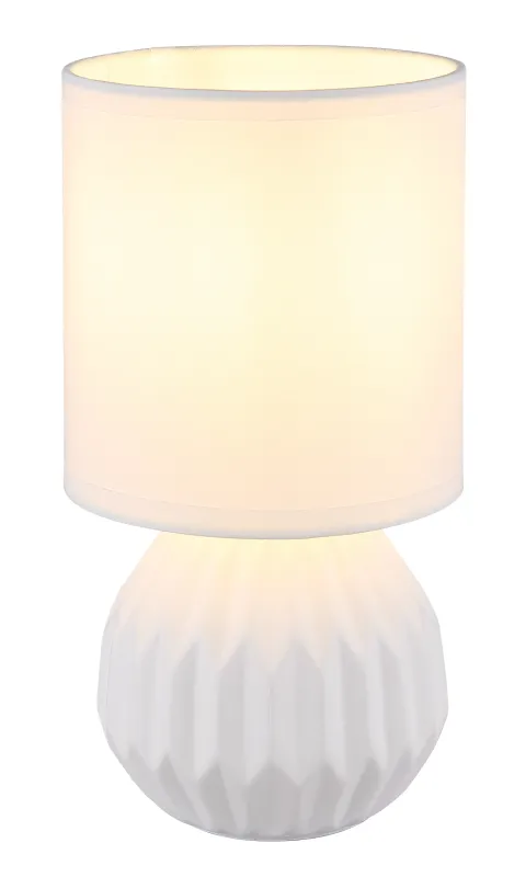Sylas 23cm Blanc lampe de table De Globo Lighting - Den rundade keramiska basen i elegant vitt och den matchande cylindriska textilsk&auml;rmen skapar en harmonisk och modern estetik.