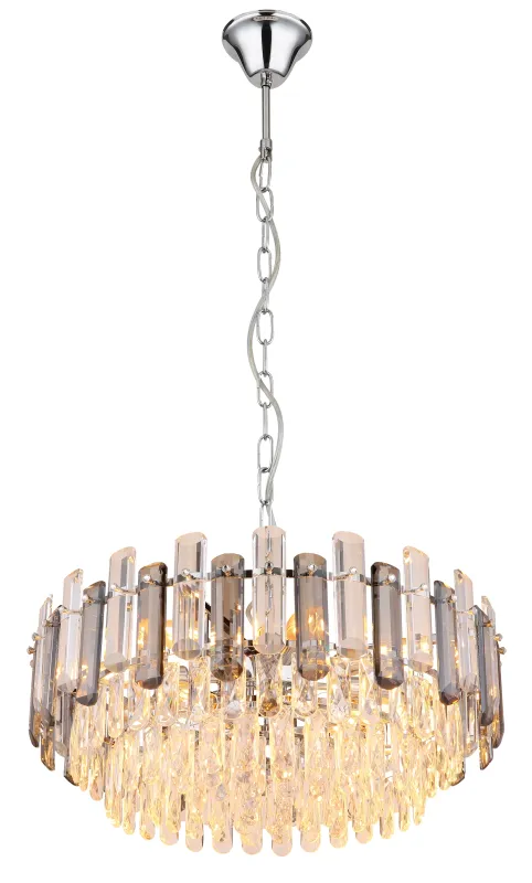Orgina Ø60 Couleur fumée cristal De Globo Lighting - Takkronan Orgina tillf&ouml;r rummet en lyxig k&auml;nsla med gnistrande kristaller och r&ouml;kf&auml;rgade glasstavar.