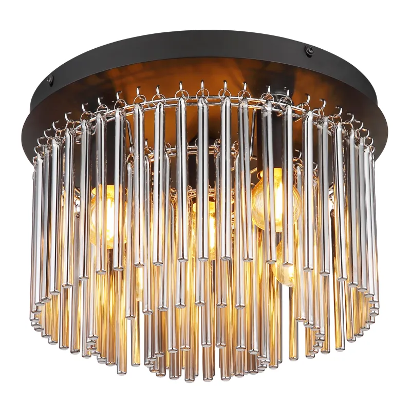 Gorley Ø32 Couleur fumée plafonnier De Globo Lighting - Dess design imponerar med en stilfull kombination av mattsvart metall, gl&auml;nsande krom och r&ouml;kf&auml;rgade glasstavar.