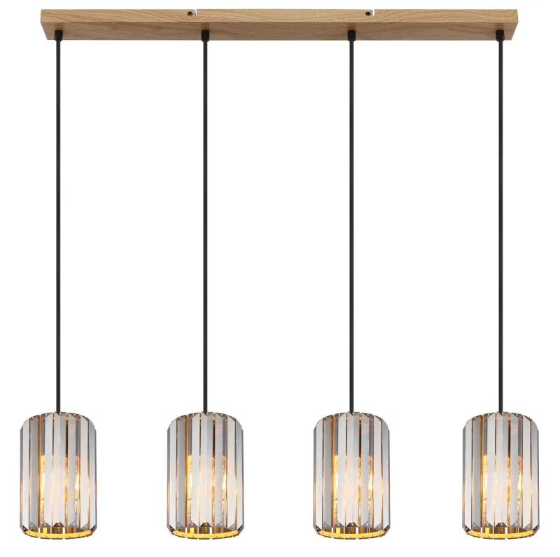 Run 88cm Couleur fumée suspension De Globo Lighting - Kombinationen av metall i tr&auml;utseende och de fyra sk&auml;rmarna med r&ouml;kf&auml;rgade K5-kristaller ger en harmonisk ljusspridning och en sofistikerad k&auml;nsla.