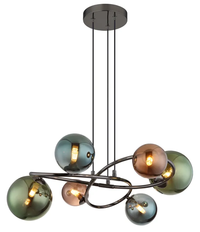 Riha 62cm Multicolore suspension De Globo Lighting - De olika glaskulorna i brons, gr&ouml;nt och petrol ger lampan en dynamisk och lekfull karakt&auml;r samtidigt som de skapar en visuellt intressant ljusbild.