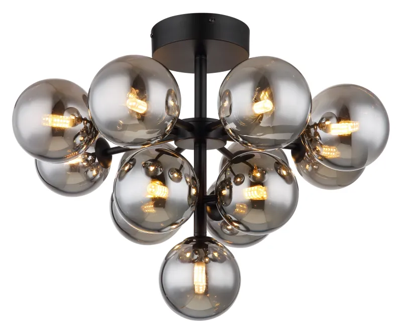 Grappy Ø56 Couleur fumée plafonnier De Globo Lighting - Grappy plafond blir en stilfull och lyxig detalj i varje rum med sin glamor&ouml;sa design och de 13st r&ouml;kf&auml;rgade glaskulorna.