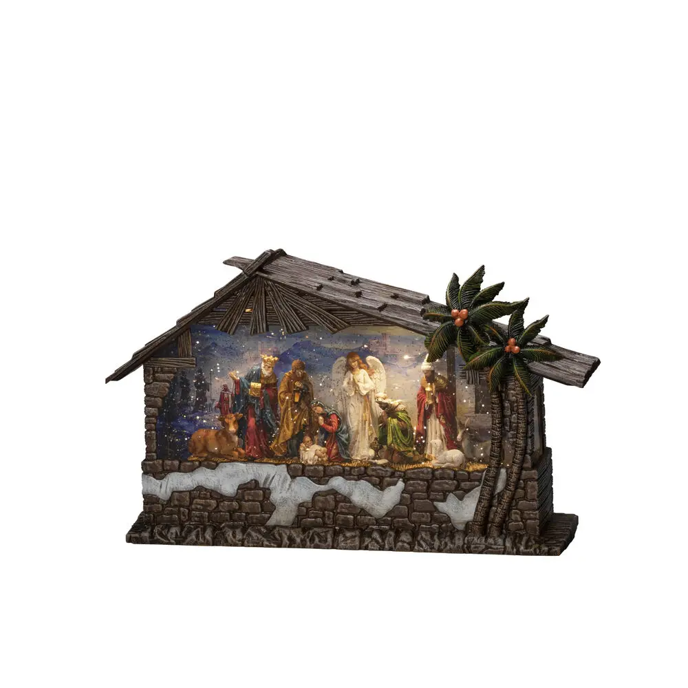Lanterne Remplie D’eau Avec Crèche De Noël Brun De Konstsmide - La maison brune est joliment d&eacute;cor&eacute;e de palmiers et de personnages de l'histoire sacr&eacute;e de No&euml;l et est &eacute;clair&eacute;e par 3 lumi&egrave;res LED blanc chaud.