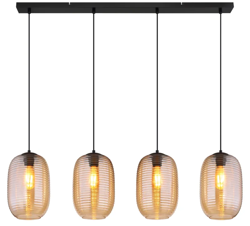 Jefrey 110cm Ambre suspension De Globo Lighting - Denna eleganta taklampa har en avl&aring;ng form och &auml;r utrustad med fyra rundade glaskupor i varm b&auml;rnstensf&auml;rg.