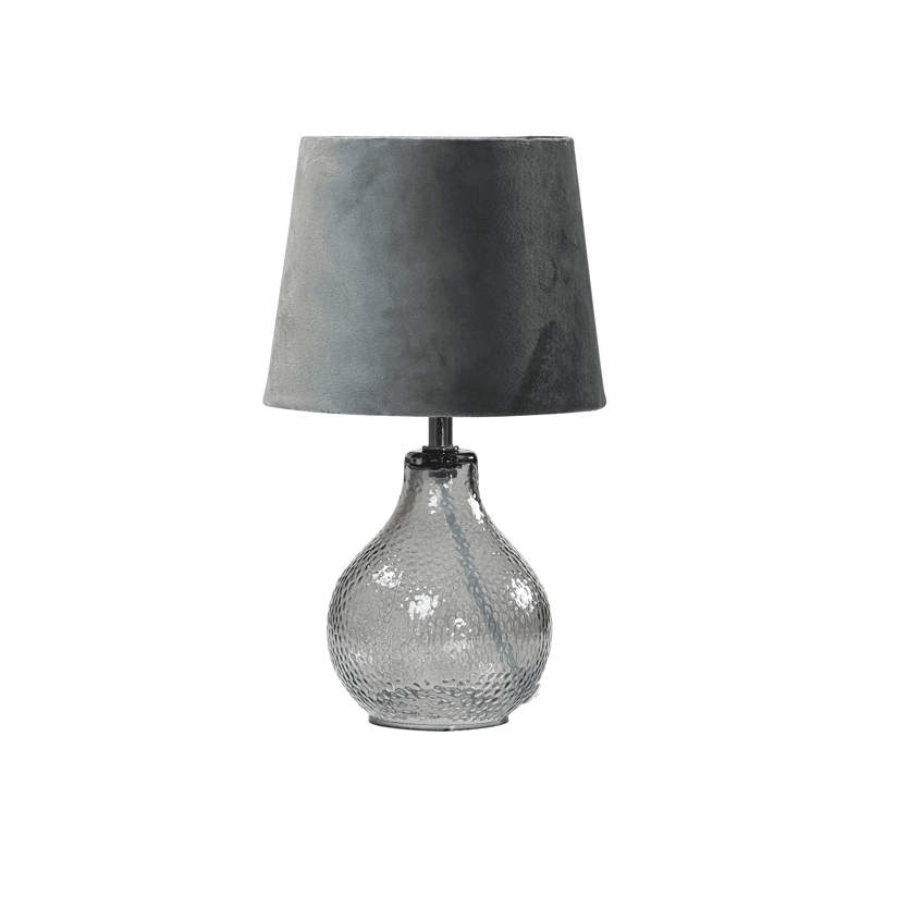 Julia 30cm Gris lampe de table De Pixie Design - La lampe de table Julia combine une élégante base en verre avec un abat-jour en textile, créant une solution d'éclairage moderne et élégante.