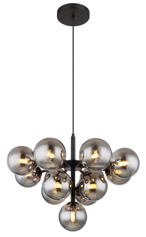 Grappy Ø56 Couleur fumée suspension De Globo Lighting - Grappy taklampa blir en stilfull och lyxig detalj i varje rum med sin glamor&ouml;sa design och de 13st r&ouml;kf&auml;rgade glaskulorna.