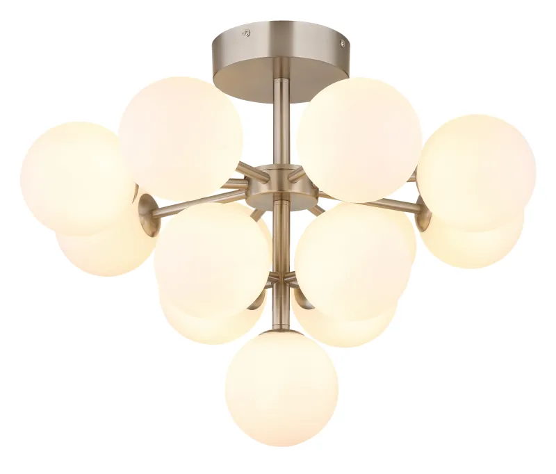 Grappy Ø56 Nickel plafonnier De Globo Lighting - Grappy plafond blir en stilfull och lyxig detalj i varje rum med sin glamor&ouml;sa design och de 13st opalf&auml;rgade glaskulorna.