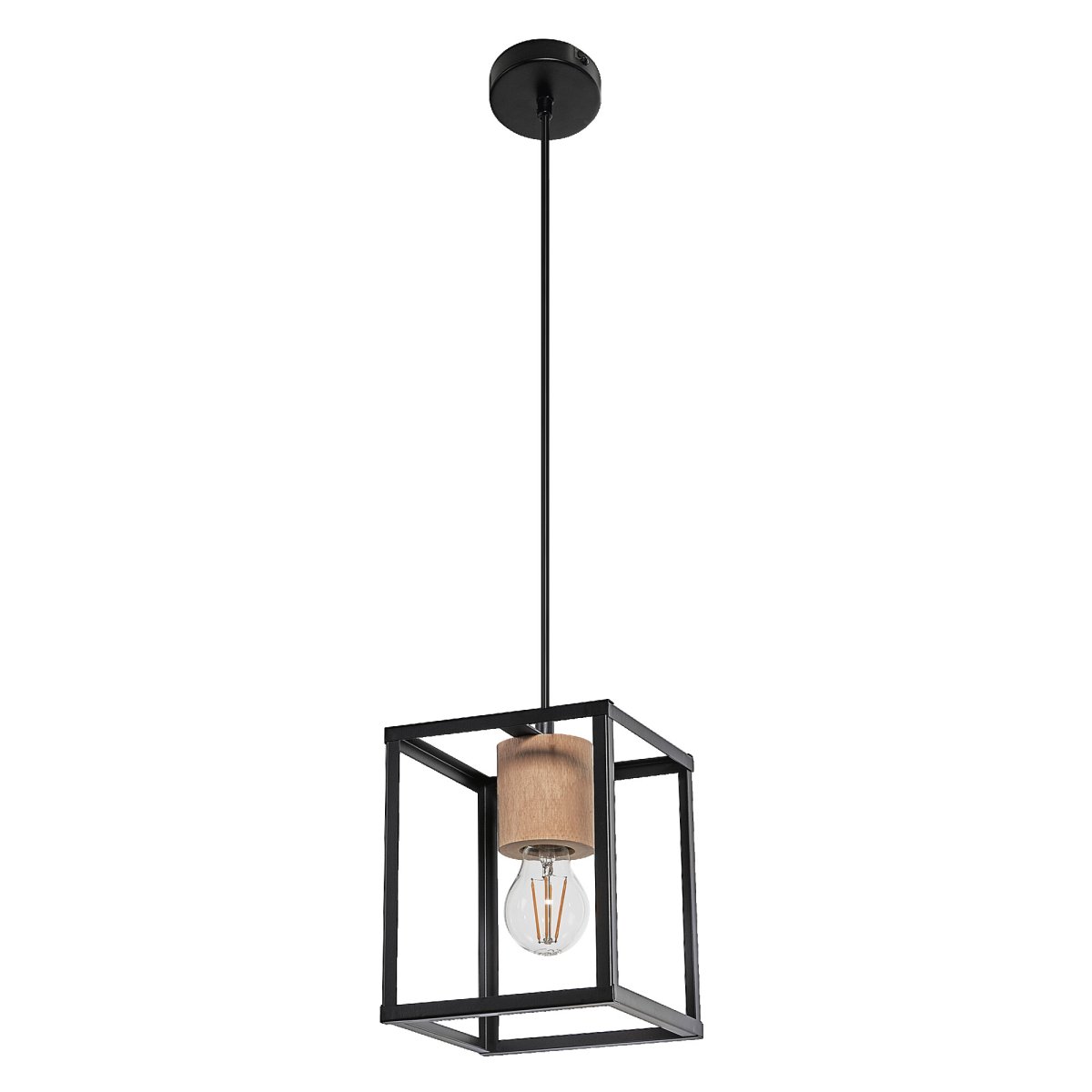 Nairobi 17cm Noir suspension De Osram - Le cadre m&eacute;tallique ouvert en noir cr&eacute;e un look a&eacute;r&eacute; et industriel, tandis que l'&eacute;l&eacute;gant d&eacute;tail en bois offre un contraste chaleureux et naturel.