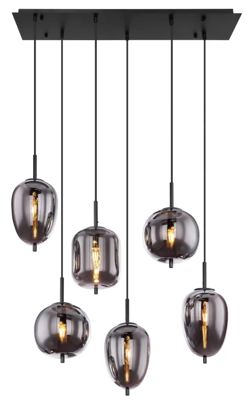 Blacky 80cm Noir suspension De Globo Lighting - Lampan &auml;r tillverkad av svart metall och best&aring;r av sex r&ouml;kf&auml;rgade glasglober i olika former, var och en upph&auml;ngda i svarta kablar fr&aring;n taket.