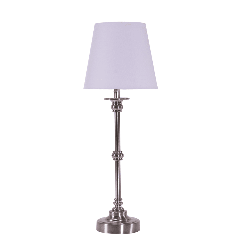  Axel 37cm Argent lampe de table De Pixie Design - Le design élégant et la combinaison du métal et du lin confèrent à la lampe un charme intemporel qui convient à de nombreux styles d'intérieur différents.