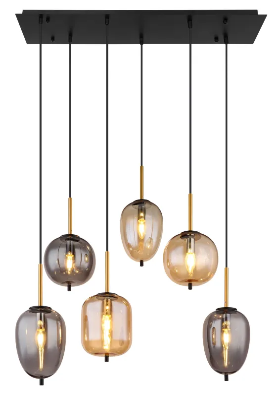 Blacky 80cm Ambre suspension De Globo Lighting - De sex r&ouml;k- och amberf&auml;rgade glasgloberna i olika former h&auml;nger fr&aring;n en svart, rektangul&auml;r takplatta och kan justeras upp till 120 cm fr&aring;n taket.