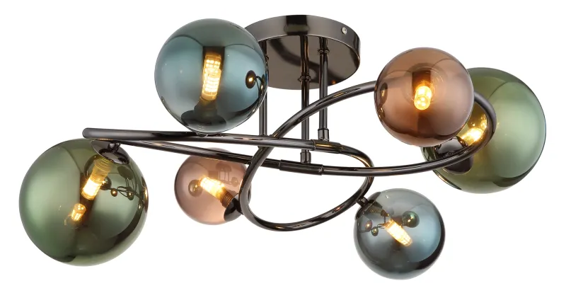 Riha Ø65 Multicolore plafonnier De Globo Lighting - De olika glaskulorna i brons, gr&ouml;nt och petrol ger lampan en dynamisk och lekfull karakt&auml;r samtidigt som de skapar en visuellt intressant ljusbild.