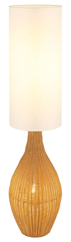 Anko Brun lampadaire De Globo Lighting - Den rundade designen i plast med en dekorativ rottinglook ger en naturlig charm, medan den vita textilsk&auml;rmen sprider ett mjukt och behagligt ljus.