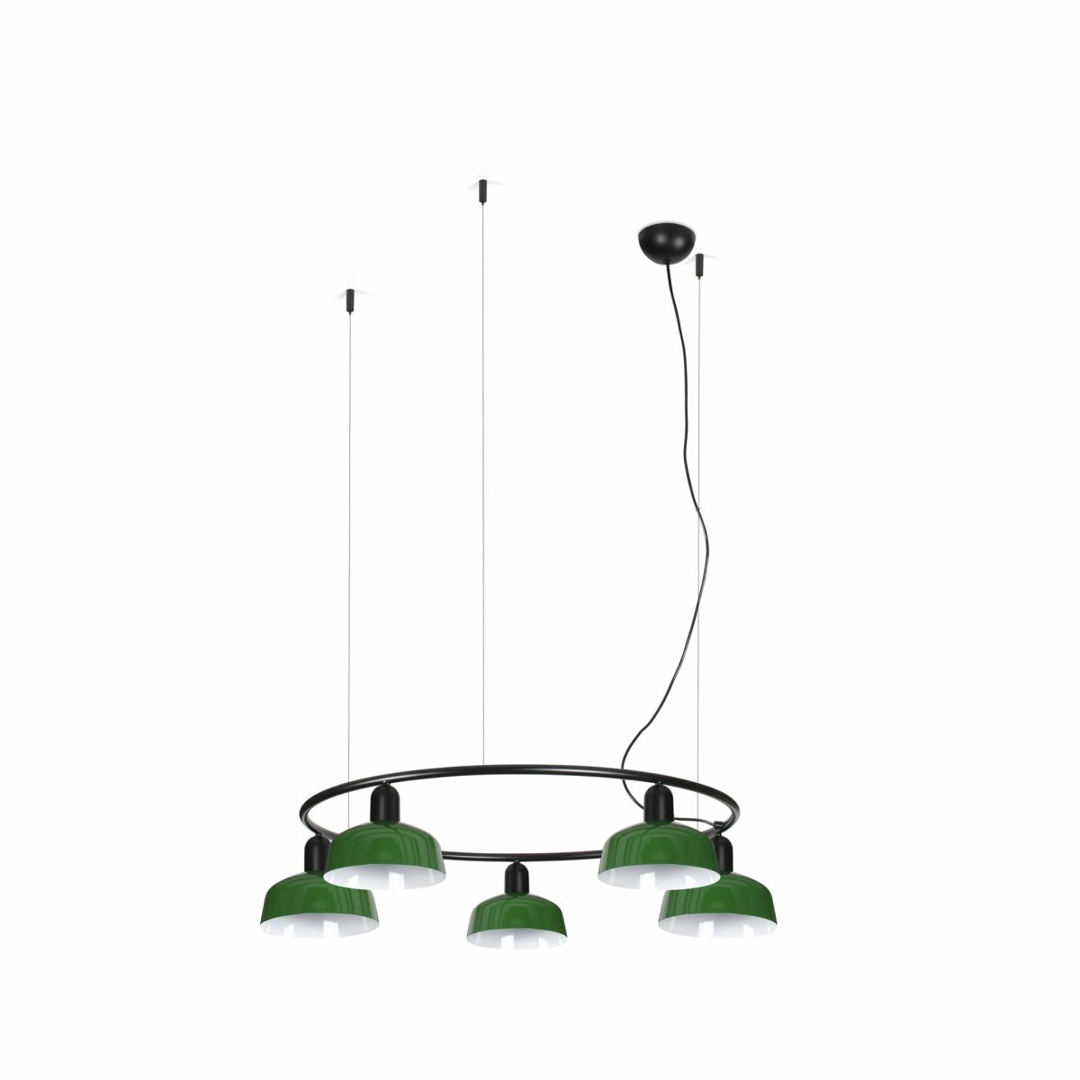 Tatawin Ø90 Vert suspension De Faro Barcelona - Tatawin est un plafonnier dot&eacute; d'une structure noire et de cinq abat-jours en m&eacute;tal vert qui diffusent une lumi&egrave;re d'ambiance dirig&eacute;e.