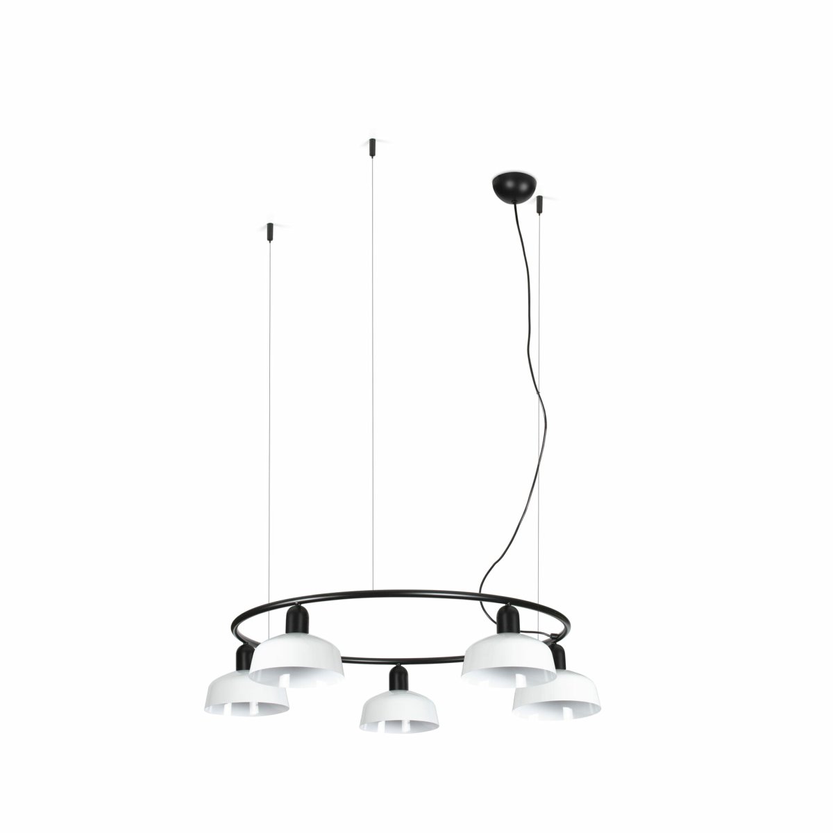 Tatawin Ø90 Blanc suspension De Faro Barcelona - Tatawin est un plafonnier dot&eacute; d'une structure noire et de cinq abat-jour en m&eacute;tal blanc qui diffusent une lumi&egrave;re d'ambiance dirig&eacute;e.