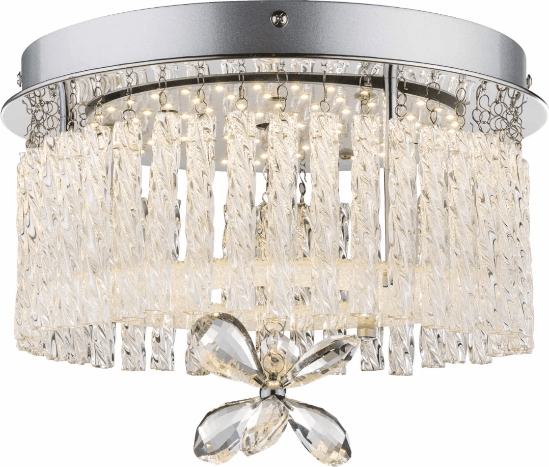 Mathilda Ø28 Chrome cristal De Globo Lighting - Son design rond associe une base chrom&eacute;e &agrave; des tiges de verre suspendues et un grand cristal en forme de fleur qui devient le point central de la pi&egrave;ce.