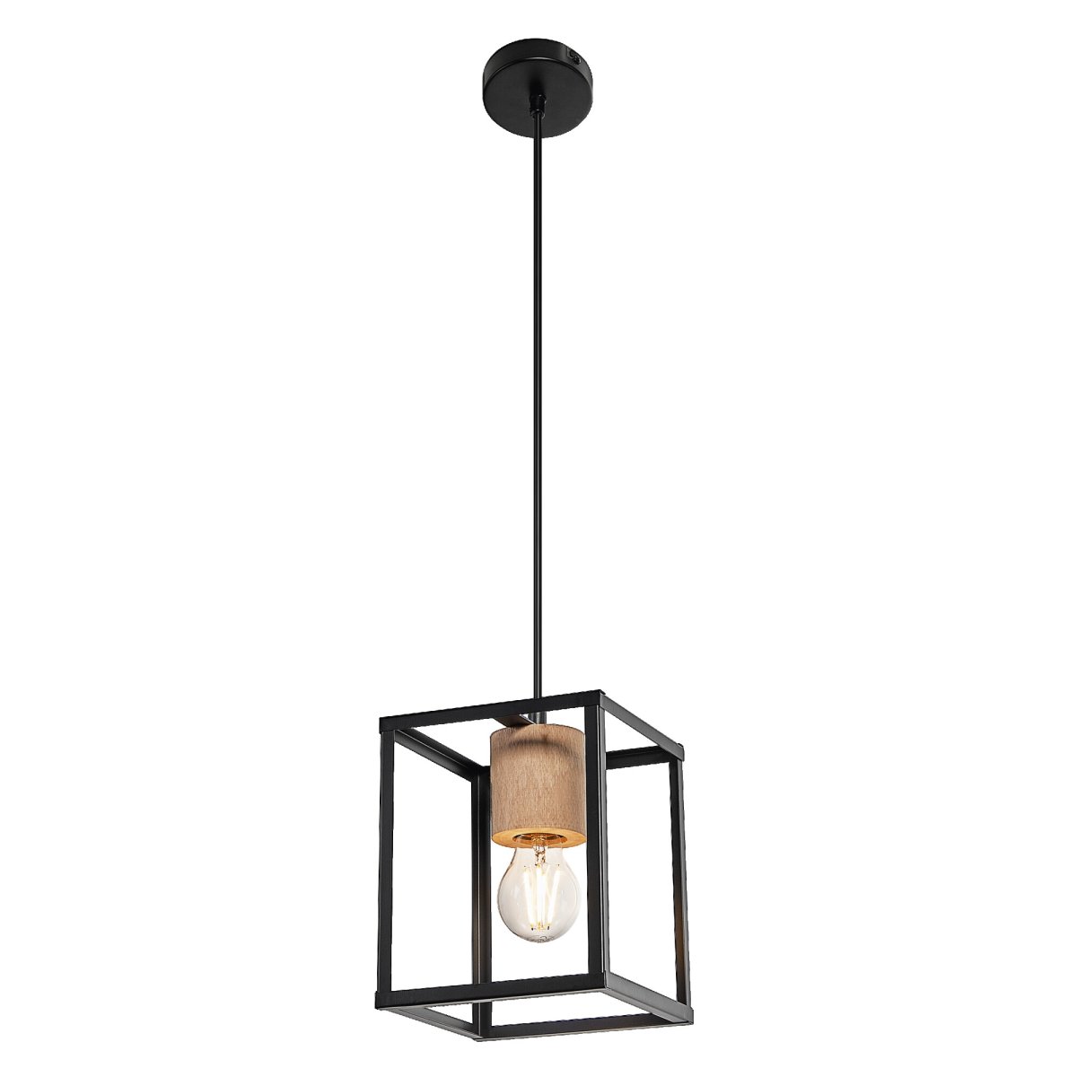 Nairobi 17cm Noir suspension De Osram - Le cadre m&eacute;tallique ouvert en noir cr&eacute;e un look a&eacute;r&eacute; et industriel, tandis que l'&eacute;l&eacute;gant d&eacute;tail en bois offre un contraste chaleureux et naturel.