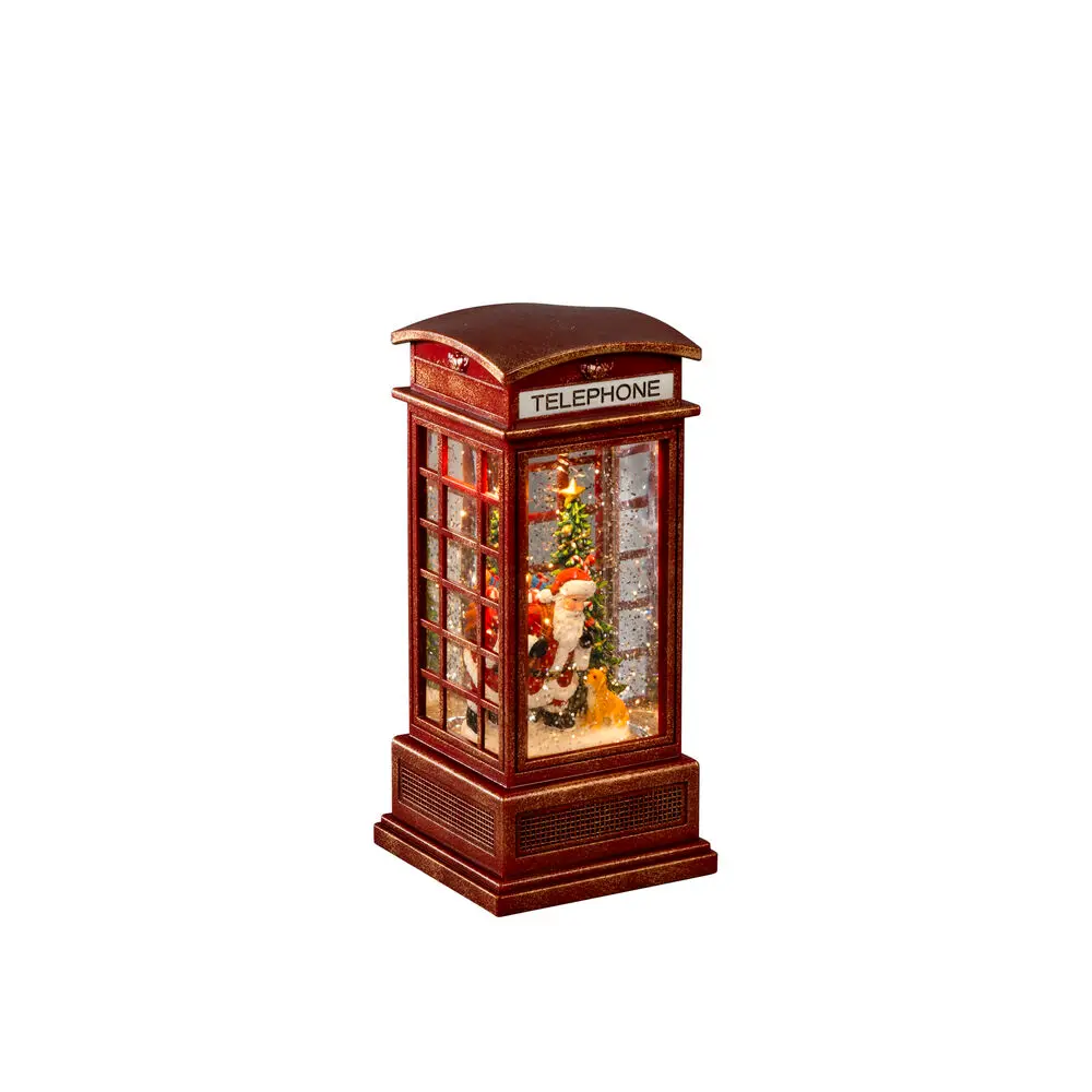 Lanterne Remplie D'eau Avec cabine téléphonique ROUGE De Konstsmide - Mini lanterne d&eacute;corative remplie d'eau en forme de cabine t&eacute;l&eacute;phonique rouge classique avec un motif de No&euml;l.