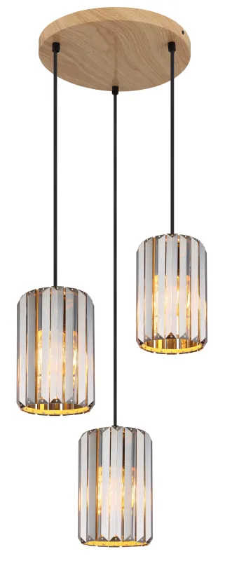 Run Ø35 Couleur fumée suspension De Globo Lighting - Kombinationen av metall i tr&auml;utseende och de tre sk&auml;rmarna med r&ouml;kf&auml;rgade K5-kristaller ger en harmonisk ljusspridning och en sofistikerad k&auml;nsla.