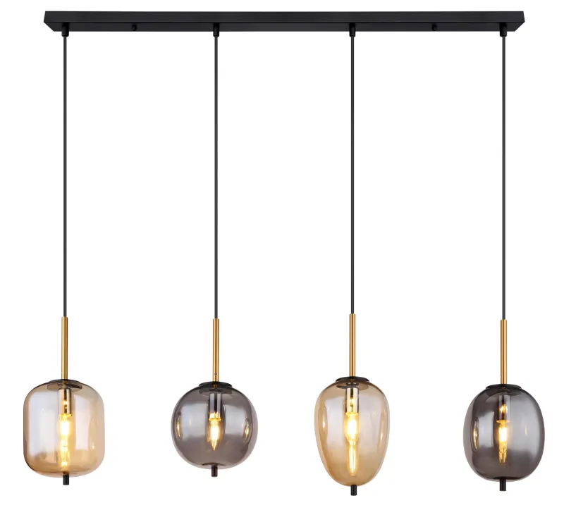 Blacky 110cm Ambre suspension De Globo Lighting - De fyra r&ouml;k- och amberf&auml;rgade glasgloberna i olika former h&auml;nger fr&aring;n en svart, rektangul&auml;r takplatta och kan justeras upp till 120 cm fr&aring;n taket.