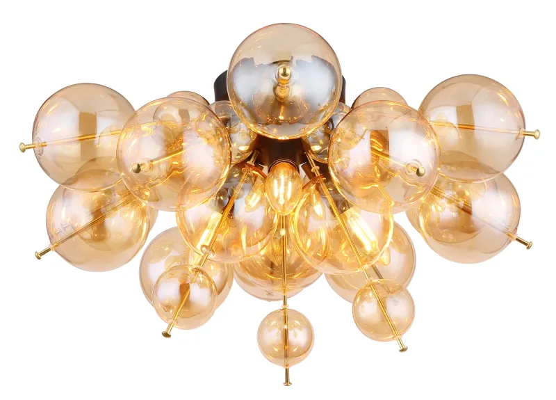 Udo Ø55 Ambre plafonnier De Globo Lighting - Dess unika design utm&auml;rks av en rund form d&auml;r guldf&auml;rgade metallstavar elegant sammanl&auml;nkas med varmt b&auml;rnstensf&auml;rgade glasklot i olika storlekar.