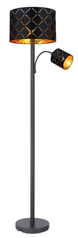 Sunna Noir lampadaire De Globo Lighting - Den runda stommen i h&ouml;gkvalitativ svart metall ger stabilitet och tidl&ouml;s charm, medan den svarta lampsk&auml;rmen i sammet med dekorativa utsk&auml;rningar tillf&ouml;r en lyxig k&auml;nsla och skapar ett fascinerande ljusspel.