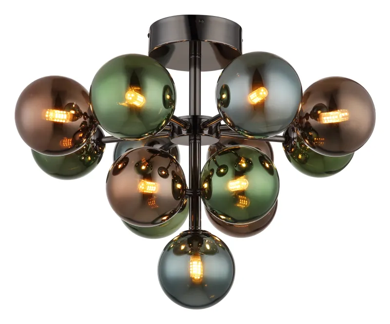 Grappy Ø56 Multicolore plafonnier De Globo Lighting - Den svarta, kromade metallstommen ger en modern touch, medan lampsk&auml;rmen pryds av en harmonisk blandning av brons-, gr&ouml;na och petrolf&auml;rgade glasklot.