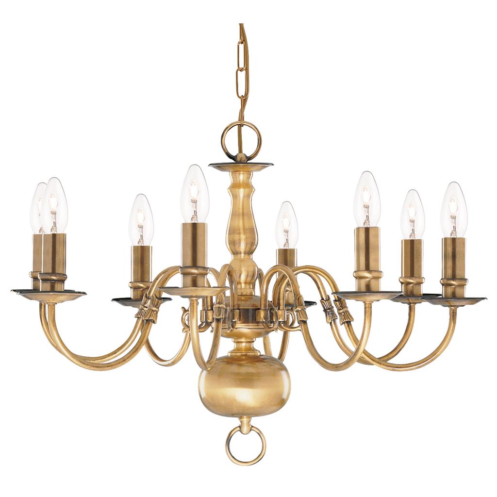 Flemish 8 Ø62 Laiton suspension De Searchlight - Dot&eacute; de huit bougeoirs classiques de style cand&eacute;labre et d'une pi&egrave;ce ma&icirc;tresse d&eacute;corative &agrave; la base incurv&eacute;e, il d&eacute;gage une impression d'&eacute;l&eacute;gance et de tradition.