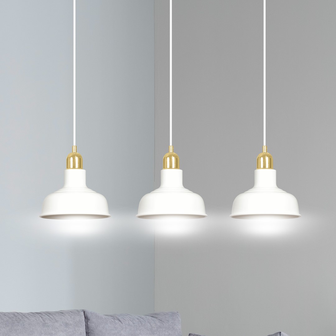 Ibor 72cm Blanc suspension De Emibig Lighting - La lampe est dotée d'abat-jours métalliques ouverts, lui permettant d'éclairer efficacement même les grandes pièces.