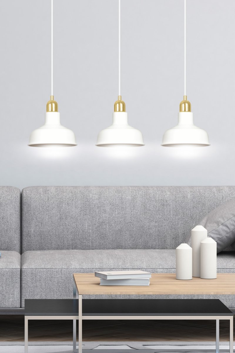 Ibor 72cm Blanc suspension De Emibig Lighting - La lampe est dotée d'abat-jours métalliques ouverts, lui permettant d'éclairer efficacement même les grandes pièces.