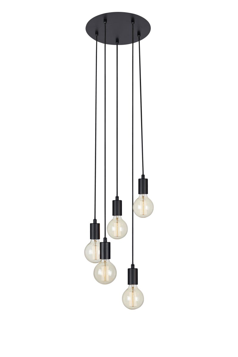 Sky Ø32 Noir suspension De Markslöjd - Plafonnier de la série Sky, avec cinq douilles en métal noir et un câble textile noir suspendus à différentes hauteurs à un support de plafond rond.