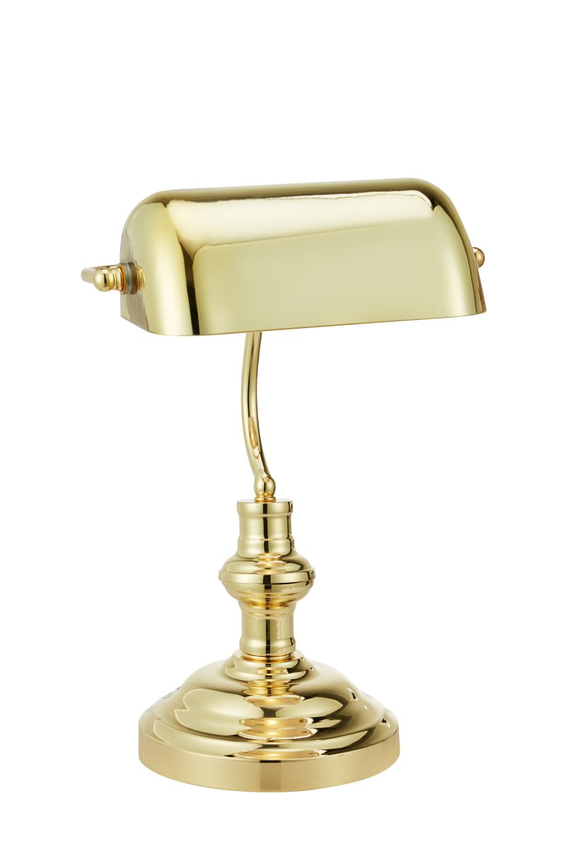 Bankers 42cm Laiton lampe de bureau De Markslöjd - La lampe de table &laquo;&nbsp;Bankers&nbsp;&raquo; s&eacute;duit par son pied en m&eacute;tal couleur laiton et son abat-jour en verre assorti et ajustable.