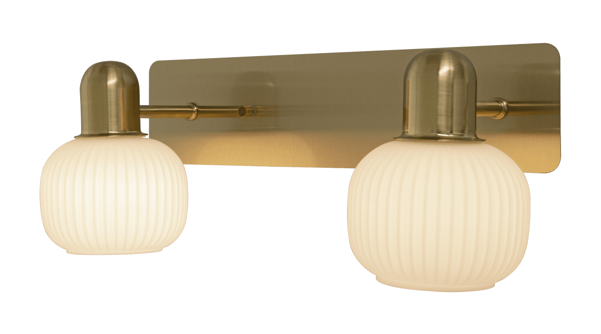 Messina 35cm Laiton mat lampe de salle de bain De Aneta Lighting - Applique Messina en laiton mat avec 2 abat-jour blanc opale en verre strié.