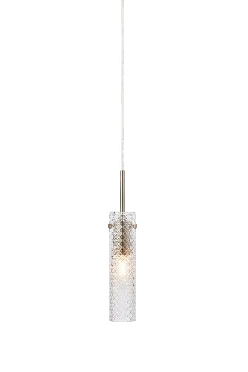 Vibia Ø5 Transparent lampe de fenêtre De Markslöjd - L'abat-jour en verre d&eacute;poli est associ&eacute; &agrave; une suspension longue et &eacute;troite en nickel satin&eacute;, soulignant le caract&egrave;re moderne et &eacute;l&eacute;gant de la lampe.