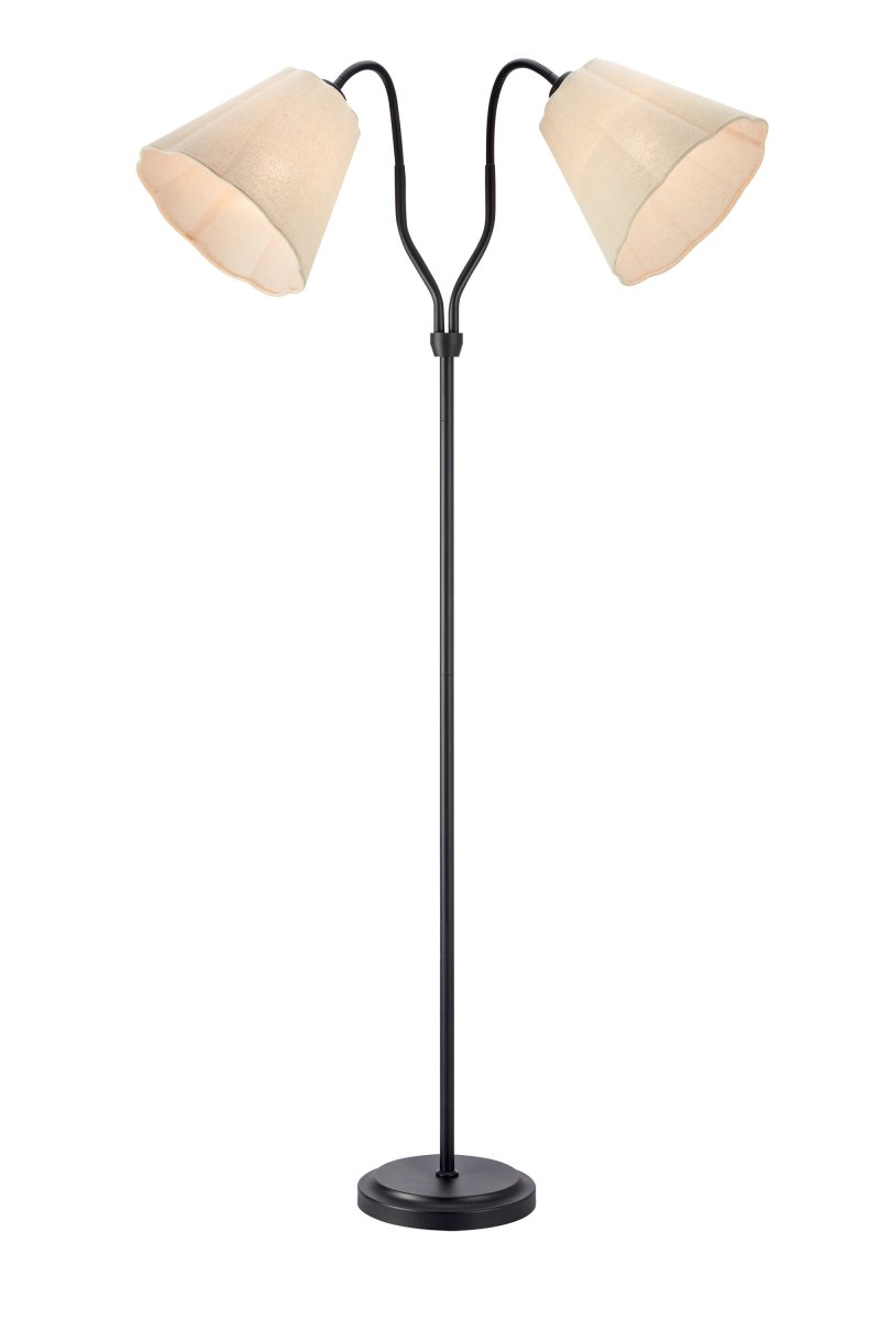 Veya 2 Noir lampadaire De Markslöjd - Veya est un lampadaire élégant doté d'un pied en métal noir et de deux abat-jour en tissu beige créant un contraste subtil.