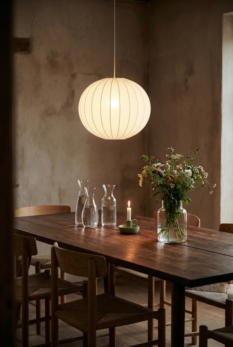 Solia Ø50 Blanc suspension De Markslöjd - Son abat-jour en tissu blanc de 50 cm de diam&egrave;tre diffuse une lumi&egrave;re douce et agr&eacute;able, harmonieusement r&eacute;partie dans la pi&egrave;ce.