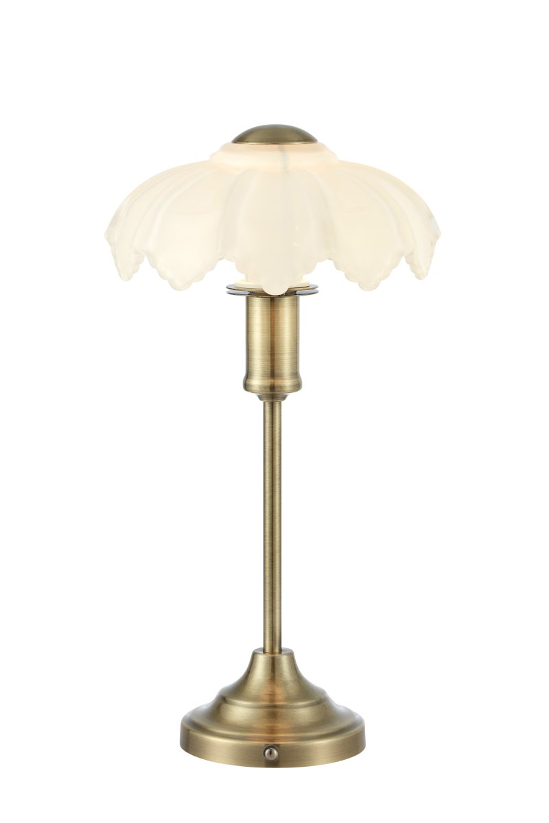 Kurage 35cm Laiton antique/blanc portable De Markslöjd - Kurage est fournie avec une base de chargement et est id&eacute;ale pour la table &agrave; manger, une table d'appoint ou comme &eacute;clairage d'ambiance lorsque vous souhaitez &eacute;viter les c&acirc;bles.