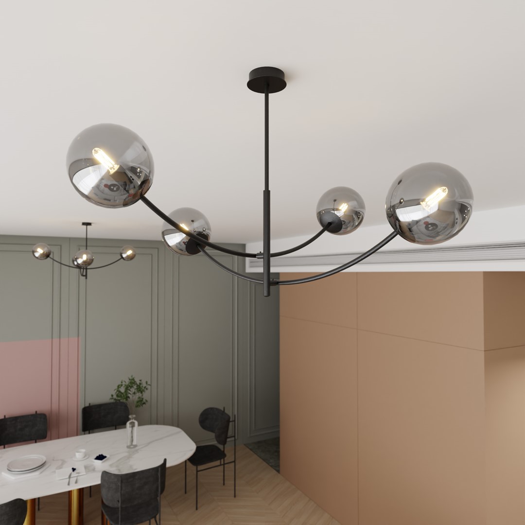 Hunter Ø90 Noir/Fumé suspension De Emibig Lighting - Les minces d&ocirc;mes en verre ajoutent &eacute;l&eacute;gance et l&eacute;g&egrave;ret&eacute;, tandis que la forme minimaliste assure un flux lumineux efficace m&ecirc;me dans les grandes pi&egrave;ces.