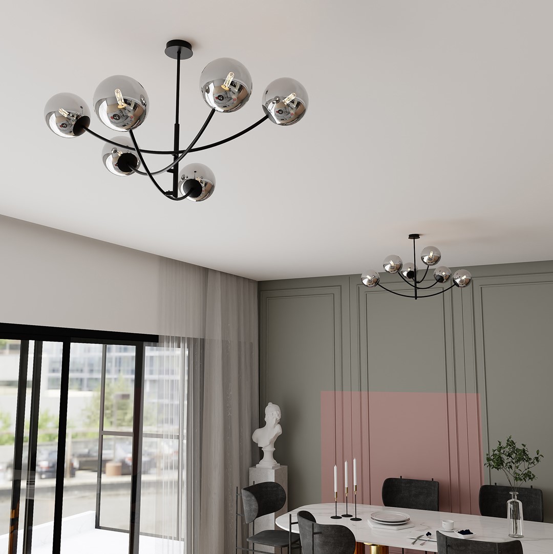 Hunter Ø90 Noir/Fumé suspension De Emibig Lighting - Les minces d&ocirc;mes en verre ajoutent &eacute;l&eacute;gance et l&eacute;g&egrave;ret&eacute;, tandis que la forme minimaliste assure un flux lumineux efficace m&ecirc;me dans les grandes pi&egrave;ces.