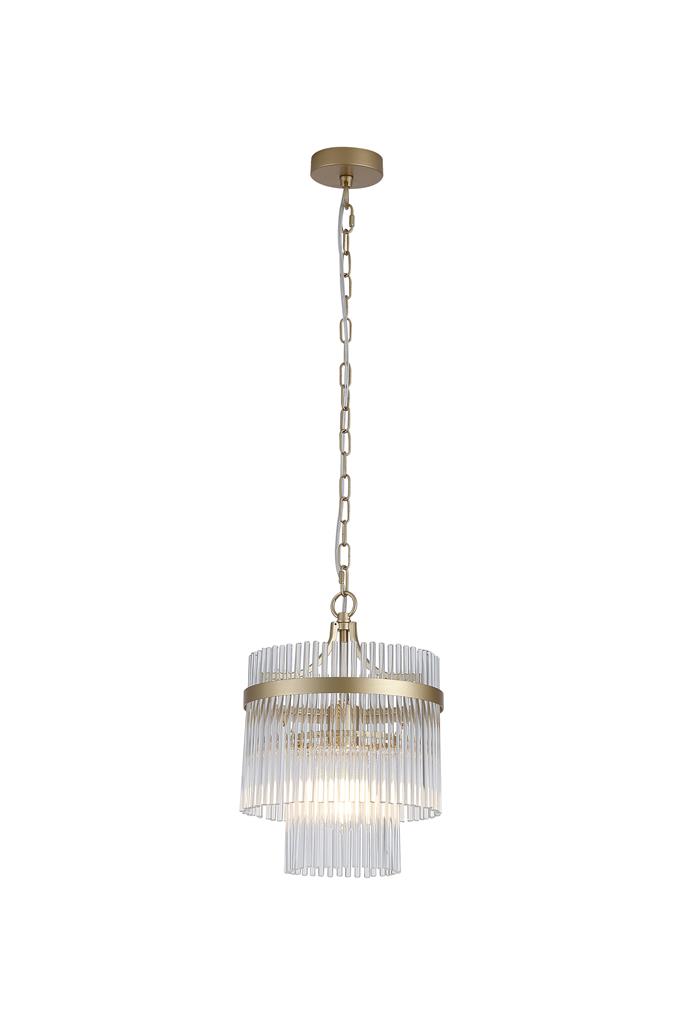 Lara Ø26 Or brossé cristal De Searchlight - Sa structure ronde en m&eacute;tal dor&eacute; bross&eacute; est orn&eacute;e de tiges de verre transparent qui captent et refl&egrave;tent la lumi&egrave;re comme des prismes, cr&eacute;ant une ambiance douce et feutr&eacute;e.