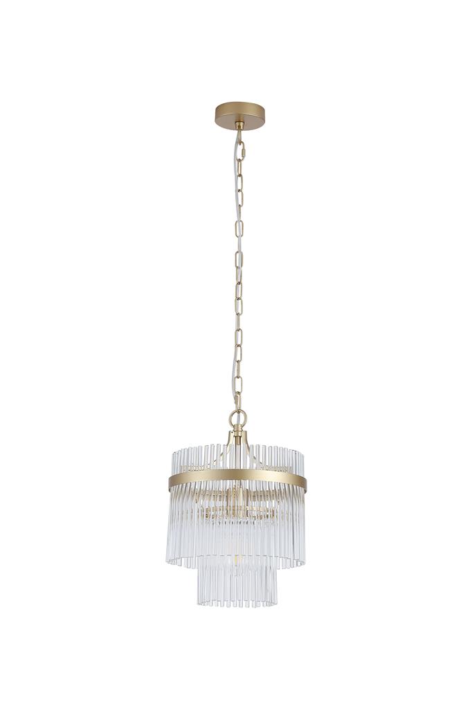 Lara Ø26 Or brossé cristal De Searchlight - Sa structure ronde en m&eacute;tal dor&eacute; bross&eacute; est orn&eacute;e de tiges de verre transparent qui captent et refl&egrave;tent la lumi&egrave;re comme des prismes, cr&eacute;ant une ambiance douce et feutr&eacute;e.