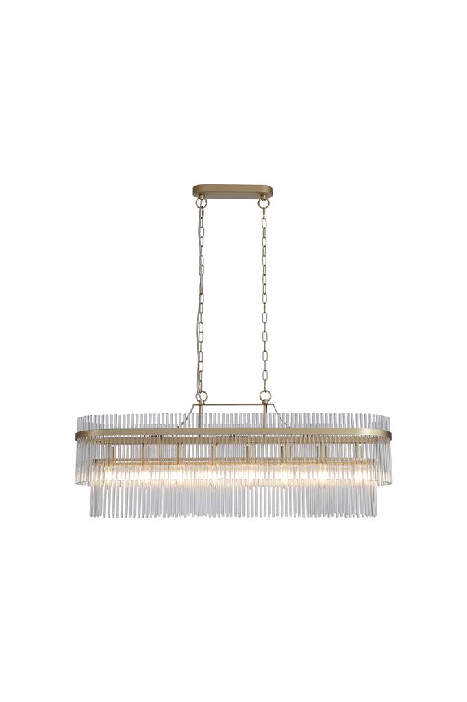 Lara 98cm Or brossé cristal De Searchlight - Sa structure ovale en métal doré brossé est ornée de tiges de verre transparent qui captent et reflètent la lumière comme des prismes, créant une ambiance douce et feutrée.