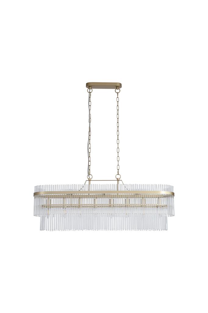 Lara 98cm Or brossé cristal De Searchlight - Sa structure ovale en métal doré brossé est ornée de tiges de verre transparent qui captent et reflètent la lumière comme des prismes, créant une ambiance douce et feutrée.