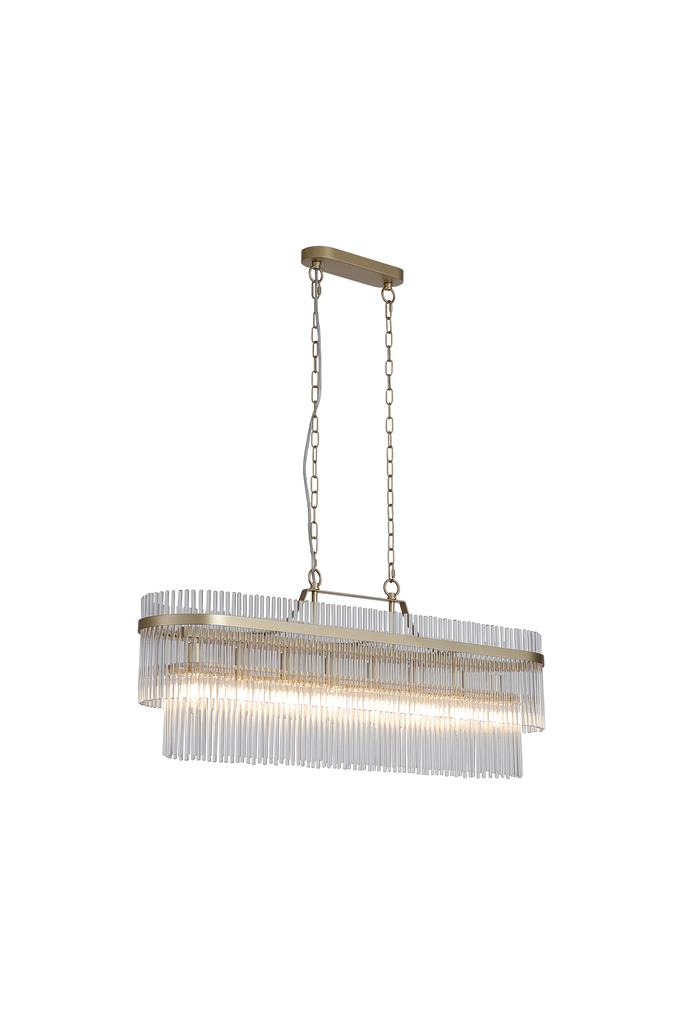 Lara 98cm Or brossé cristal De Searchlight - Sa structure ovale en métal doré brossé est ornée de tiges de verre transparent qui captent et reflètent la lumière comme des prismes, créant une ambiance douce et feutrée.