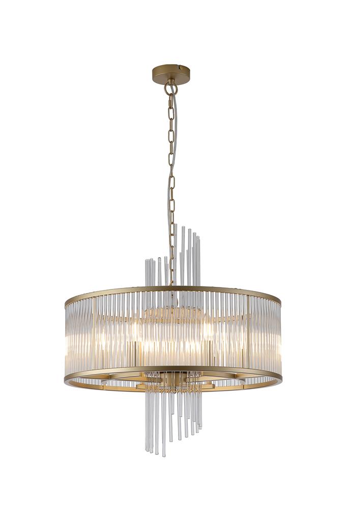 Lara Ø55 Or brossé cristal De Searchlight - Sa structure ronde en métal doré brossé est ornée de tiges de verre transparent qui captent et reflètent la lumière comme des prismes, créant une ambiance douce et feutrée.