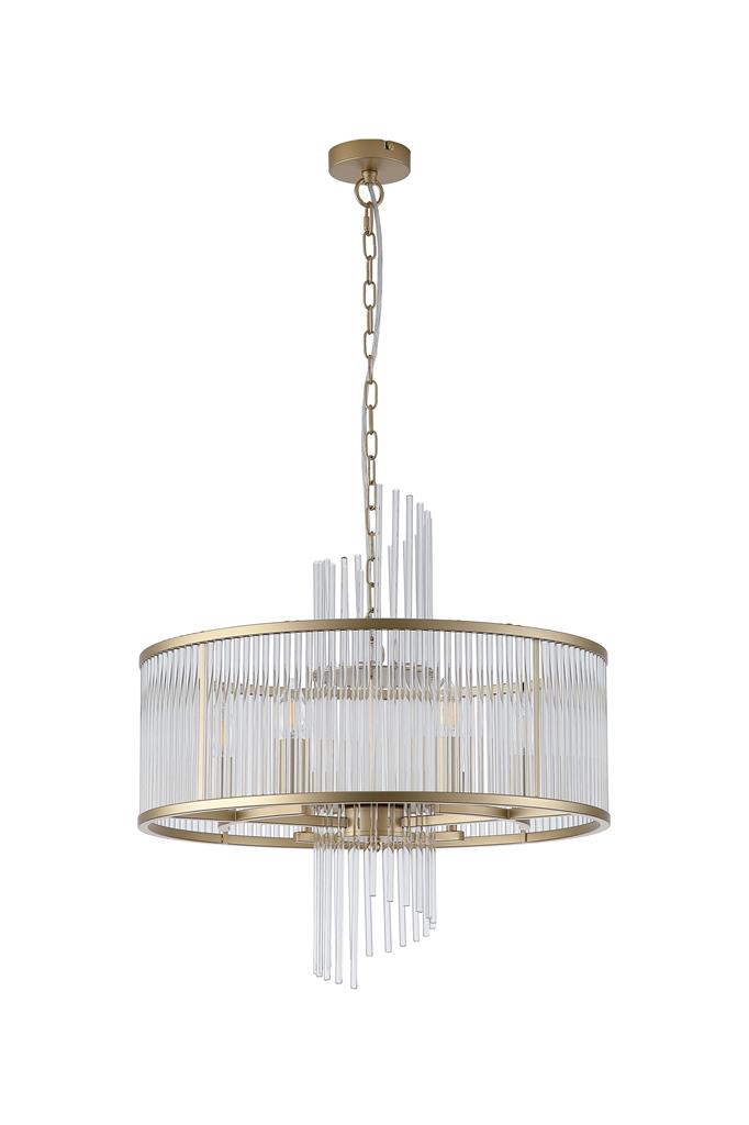 Lara Ø55 Or brossé cristal De Searchlight - Sa structure ronde en métal doré brossé est ornée de tiges de verre transparent qui captent et reflètent la lumière comme des prismes, créant une ambiance douce et feutrée.